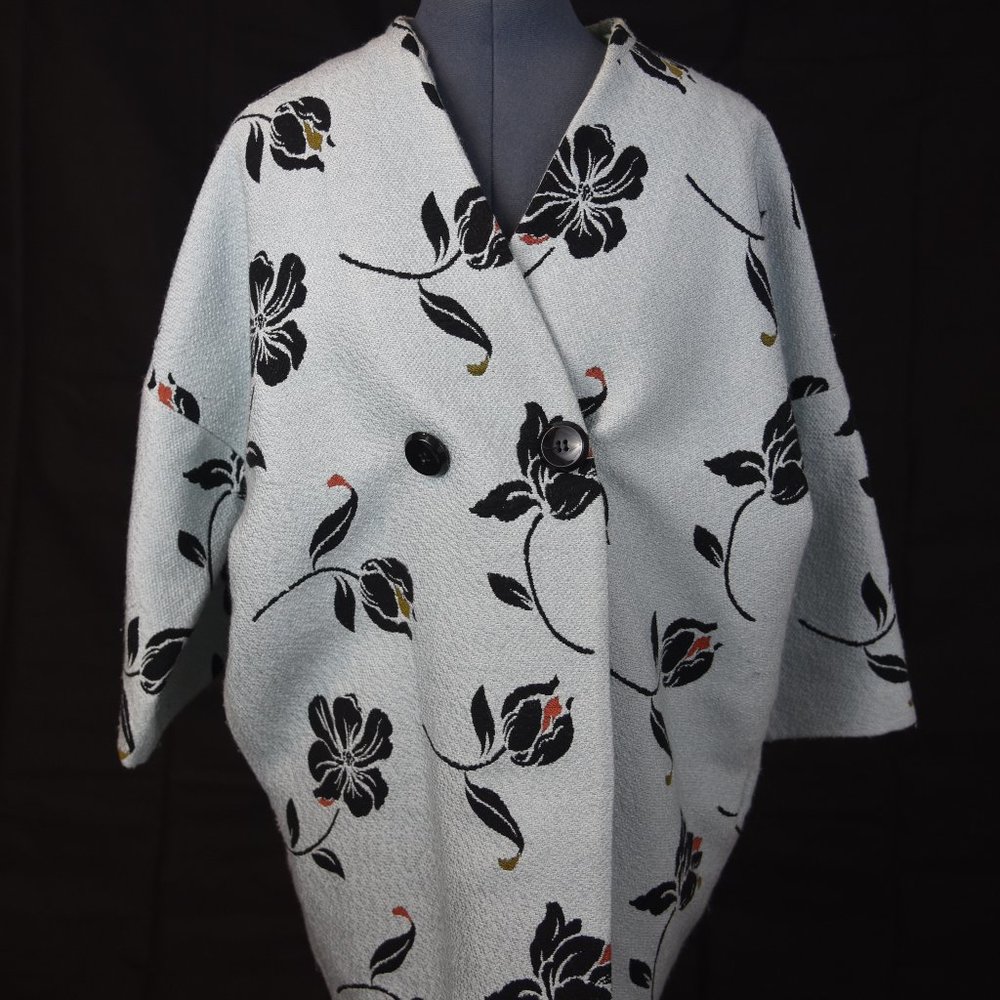 ZARA BLUE JACQUARD FLORAL MID LENGTH KIMONO COAT SIZE SMALL